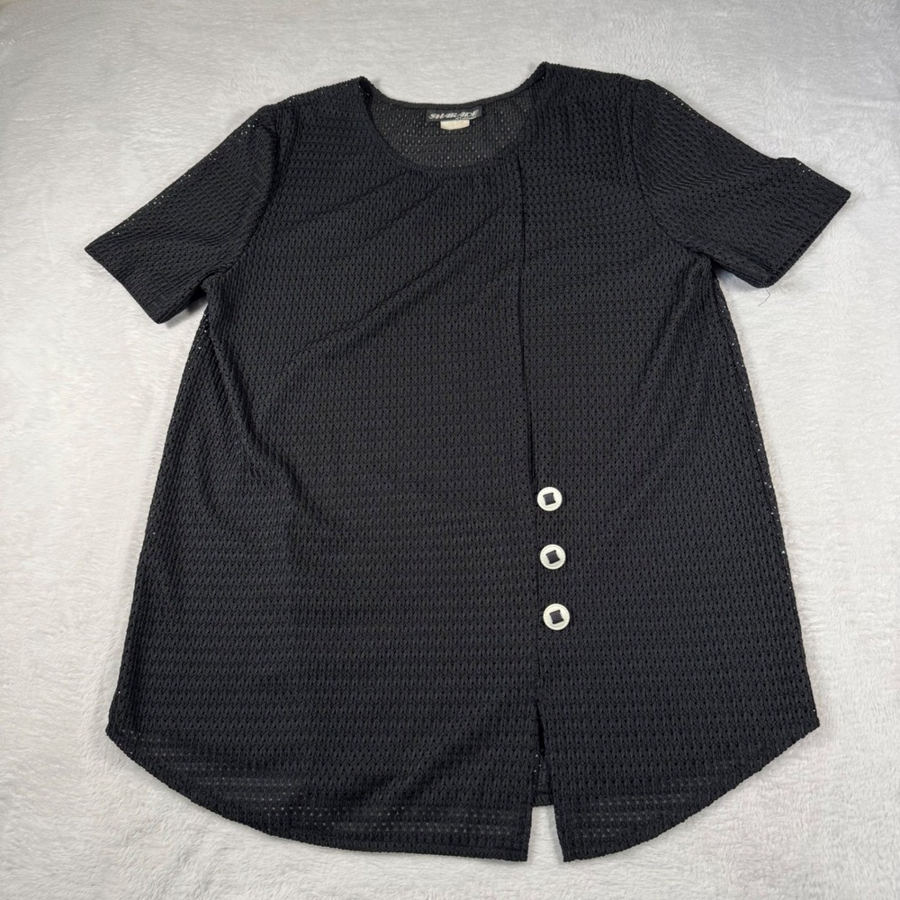 Sharade of California Top Vintage Mesh Blouse Women 14 Black Open Knit Button US